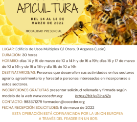 Cartel del cuero de Apicultura con las fechas y horario, incluida una foto de abejas